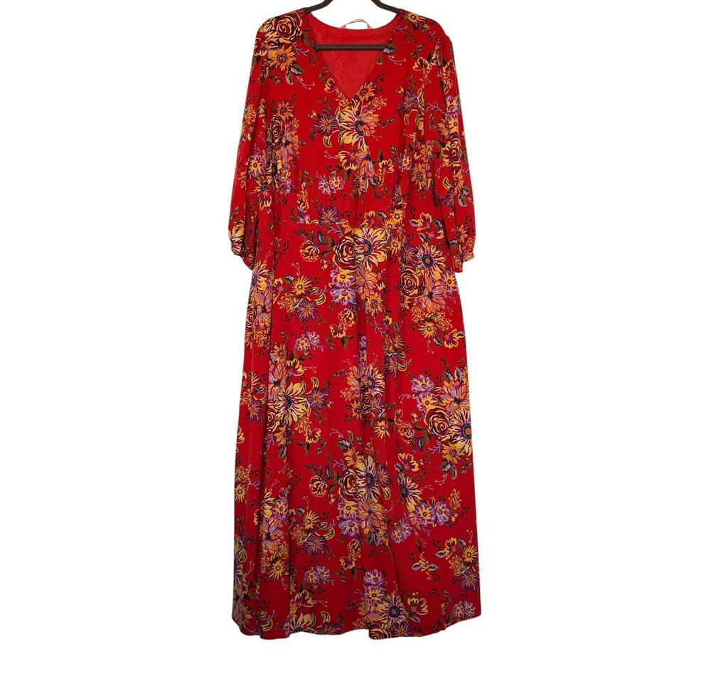 Wayward Fancies by eShakti Red Floral Maxi Dress Women’s 4X Long Sleeve Pockets